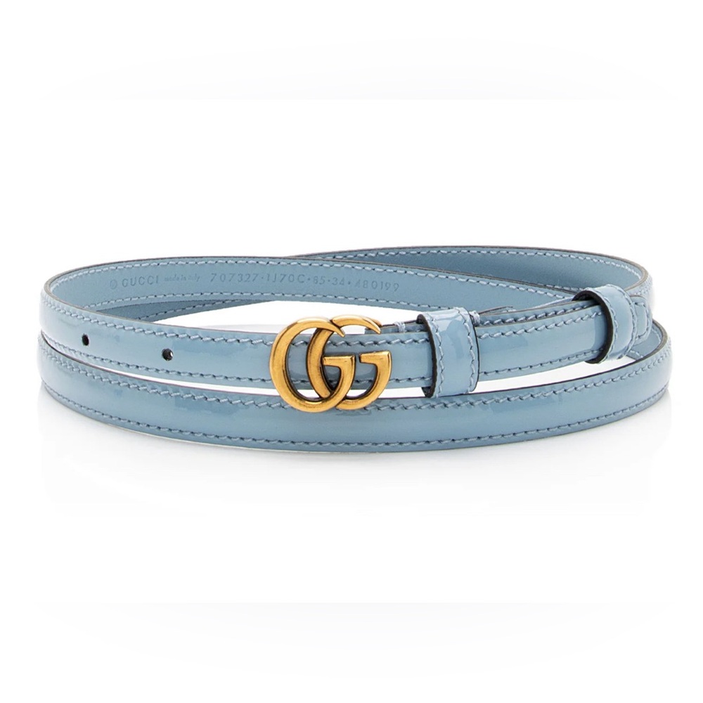 NWT Gucci Patent Leather Blue GG Marmont Slim Belt 100